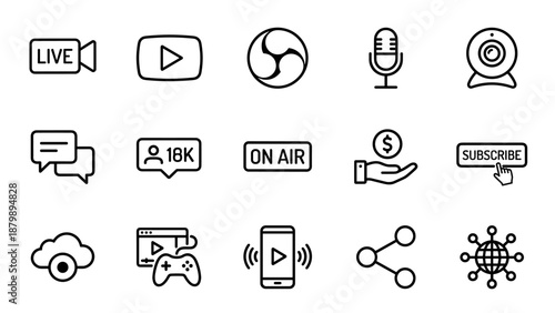 Minimalist live streaming and video icons set. Line style social media symbols. Microphone, webcam, subscribe, chat, followers, gaming, broadcasting, share, and mobile video network concept.