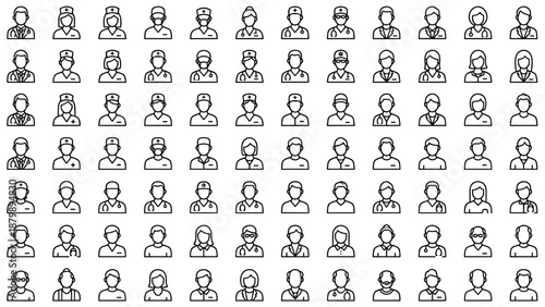 Vector set of medical staff avatars. Minimalist healthcare professional icons. Line art doctors, nurses, surgeons, therapists, medical team faces. Thin outline healthcare symbols on white background.