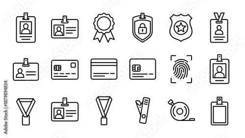 Minimalistic identity card and badge line icons set. Employee ID, business card, security pass, fingerprint access, and official medal symbols collection on white background.