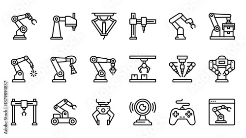 Industrial robotics and automation arm line icons set. Vector collection of robot arms, factory automation, robotic manipulators, controller, mechanical equipment, drone, production technology concept