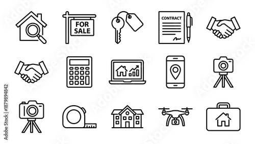 Real estate agent tools vector icons set. Minimalist line style property sale symbols including keys, contract, house, handshake, calculator, drone, camera, and smartphone on white background.
