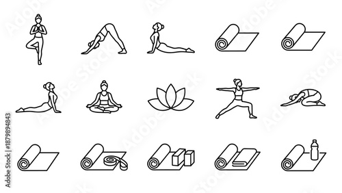 Minimalist yoga poses and mat line icons set. Women practicing yoga postures, meditation, stretching, fitness and wellness exercises. Clean outline vector symbols on white background.