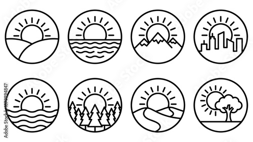 Minimalist sunrise and sunset line icons collection. Modern outline nature vector set with sun, mountains, sea, city skyline, and tree landscapes. Clean black linear design on white background