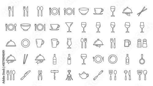 Minimalist restaurant utensils and dishes line icon set. Elegant cutlery, plates, glasses, cups, mugs, wine and cocktail glasses, teapot, cooking tools, salt and pepper, and serving cloche icons.
