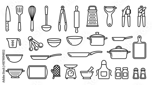 Minimalist kitchen utensils and cookware line icons set. Vector design of kitchen tools, pots, pans, knives, whisks, spatulas, bowls, and measuring tools. Modern outline cooking illustration.