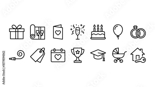 Gift and Occasion Line Icons Set. Minimal Outline Bundle. Celebration Symbols. Birthday Cake Wedding Rings Graduation Cap Baby Stroller House Key. Party Event Holiday Anniversary.