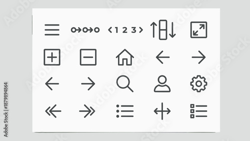 Navigation interface line icons set. Web UI design elements. Menu hamburger breadcrumb pagination scroll expand. Vector symbols for app mobile. User home search settings arrow gear.