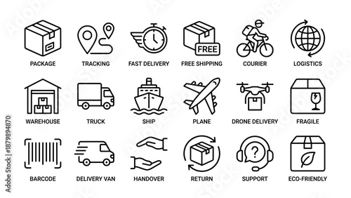 Delivery and shipping line icons set. Logistics transportation vector collection. E-commerce symbols package box truck plane ship courier. Fast distribution service supply chain freight.