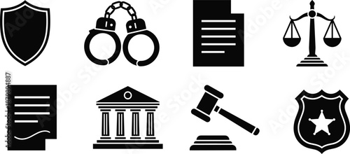 Legal Justice and Law Enforcement Icon Set Featuring Court, Police, Documents, Handcuffs, Shield, Gavel and Scales Vector Illustration