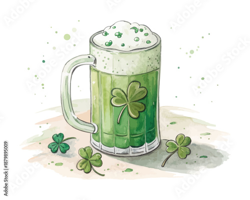 Watercolor Irish Beer Mug with Clover – Saint Patrick’s Day Drink Symbol Illustration Isolated on White