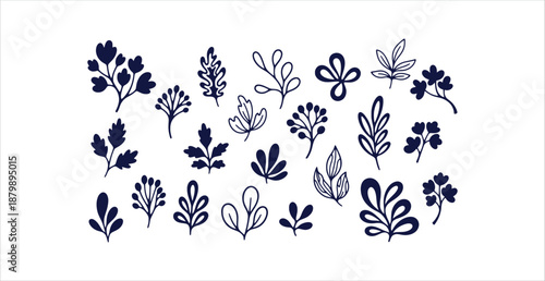 Minimalist Hand-Drawn Botanical Leaves and Berries Vector Doodle Design Elements Collection