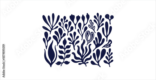 Abstract Organic Botanical Vector Pattern Navy Blue Matisse Style Cutout Foliage Collection Design