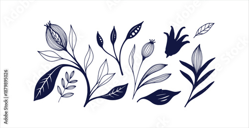 Elegant Hand Drawn Vector Botanical Elements Set Stylized Flowers Leaves Twigs Design