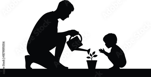 A caring father kneels with his child to water a growing plant on a solid base