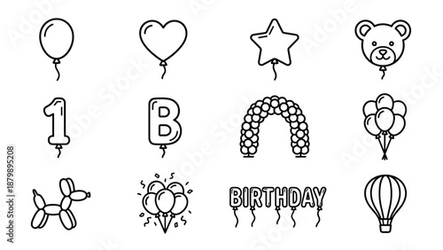 Birthday party balloons line icon set. Outline vector illustration with heart, star, number, letter, animal, arch, teddy bear, hot air balloon, confetti and cluster balloons on white background
