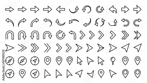 Minimalist arrow and direction line icon set with navigation pointers, location markers, cursor icons, rotation symbols, compass and GPS signs for maps, UI design, and direction concepts