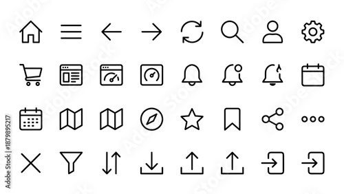Essential user interface navigation line icon set. Minimalistic flat outline style. Collection of simple web, app, and dashboard icons for UX design, mobile interface, and digital products.