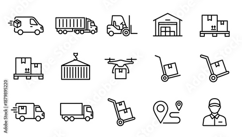 Minimalistic delivery and logistics line icons set with transportation vehicles, warehouse, pallet boxes, forklift, drone delivery, location tracking, and courier service elements