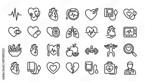 Minimalistic cardiology and heart health line icons collection. Medical diagnostics, cardiovascular care, healthy lifestyle, fitness, diet, heartbeat, and healthcare vector symbol set
