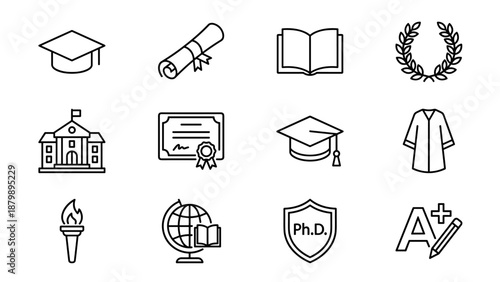 Graduation and academic degree line icons set. Minimalistic education vector illustration with diploma, certificate, graduation cap, university building, laurel wreath, and academic gown symbols.
