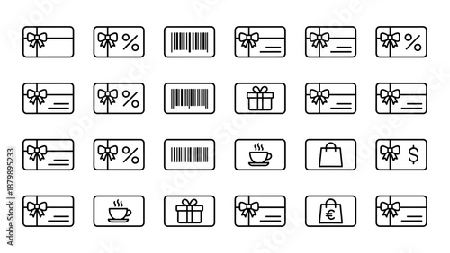 Gift cards and vouchers line icons set in minimalistic outline style, discount coupon, loyalty card, coffee shop, shopping, barcode symbol, retail and e-commerce vector illustration