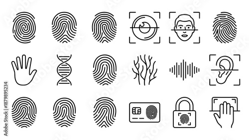 Fingerprint and biometric security line icons set. Minimalist outline vector illustration of fingerprint, iris, face, voice, DNA, and hand scan identification technology on white background