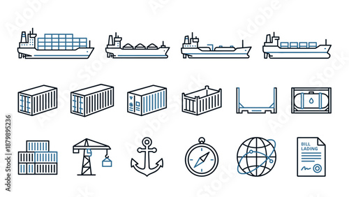 Freight ship and cargo container line icon set. Minimalistic thin outline vector of shipping, logistics, marine transport, global trade, navigation, and port operations on white background