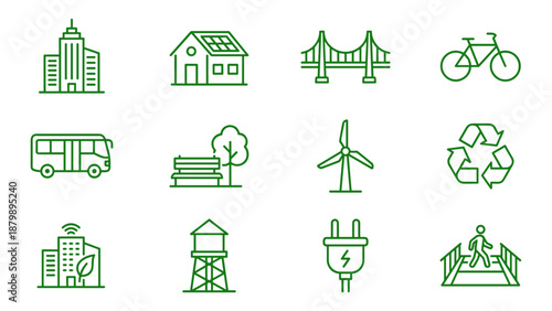 Green city and sustainable urban life line icons set. Eco architecture, renewable energy, recycling, electric power, public transport, and smart environmental infrastructure concept illustration.