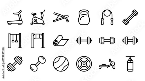 Minimalist gym equipment line icons set. Fitness and workout symbols collection including dumbbells, treadmill, kettlebell, yoga mat, jump rope, punching bag, exercise bike, and weight plates.
