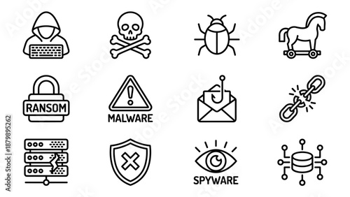 Cybersecurity threat vector icons set. Hacker, malware, phishing, trojan horse, ransomware, spyware, virus, data breach, broken chain, and network security symbols in minimalist line style.