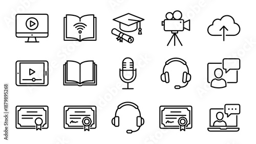 Online learning and video course line icons set. Minimalistic style education symbols collection including graduation cap, book, certificate, headset, video player, cloud, and microphone.