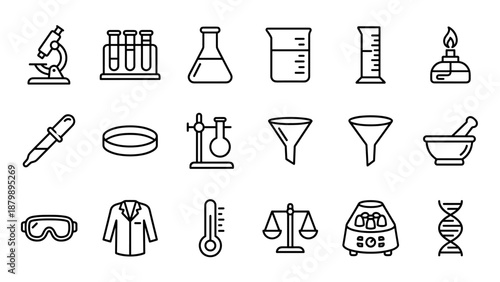 Science laboratory equipment line icons set. Minimalist outline symbols collection of microscope, test tubes, beaker, flask, funnel, petri dish, scales, thermometer, and DNA on white background.