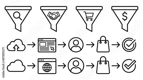 Minimalist sales funnel and conversion process line icons set. Marketing analytics, customer journey, digital sales, lead generation, ecommerce conversion stages vector illustration