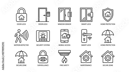 Smart home security line icons. House protection symbols. Door lock window sensor motion detector alarm system. Surveillance mobile access fire safety. Linear vector graphic.