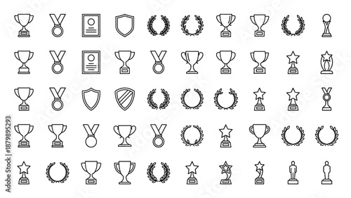 Minimalist sport trophy and award icons set. Outline vector collection of medals, cups, shields, laurels, and prizes. Simple black linear symbols for achievement, competition, and success design.