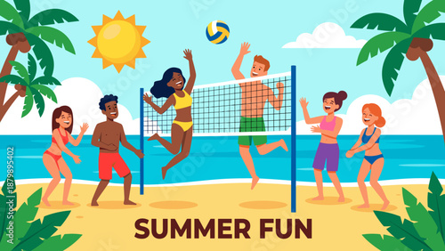 Friends playing beach volleyball game. Summer vacation sport activity. Active young people team competition. Men and women having fun. Tropical holiday. Flat vector illustration