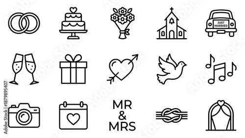 Wedding marriage line icons set. Minimalist vector symbols celebration. Love romance outline elements. Bride groom ceremony graphics. Engagement party signs. Linear pictogram pack.