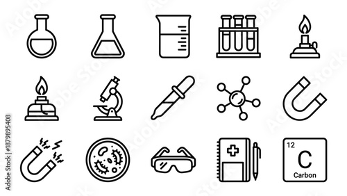 Science laboratory chemistry line icons set. Minimalist vector symbols. Education research equipment. Biology physics experiment. Beaker microscope atom magnet flask burner dropper goggles