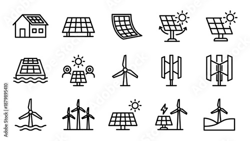 Solar energy and wind power line icons set. Renewable electricity vector symbols. Sustainable technology. Photovoltaic panel. Turbine. Green eco system. Minimal outline design. Clean stroke.