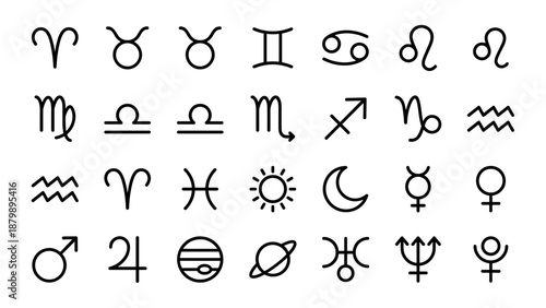 Zodiac signs and astrology icons set. Horoscope symbols line art. Minimalist vector collection. 12 constellations. Planetary glyphs. Mysticism esoteric style. Black stroke design.