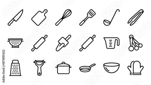 Kitchenware line icons set. Cooking utensils vector symbols. Culinary tools. Chef equipment. Knife whisk spatula pot pan. Food preparation. Baking essentials. Minimalist style.