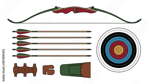 Archery equipment set. Recurve bow, arrows, target bullseye. Sport knolling flat lay. Competition shooting gear. Hunting weapon. Hobby activity. Isolated white. Vector illustration.