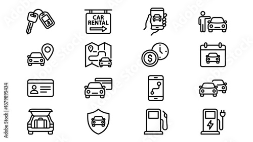 Car rental rideshare line icons. Auto transport service. Vehicle booking app, insurance, gps, payment, key, luggage, license. Mobile taxi signs. Transportation travel fleet set