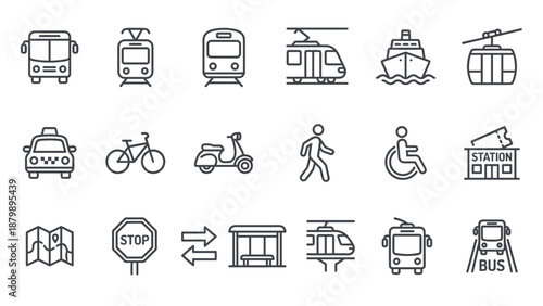 Public transport line icons set. City transit vector collection. Commuting vehicle symbols. Bus train subway taxi bicycle. Urban mobility sign. Passenger travel outline pictogram.