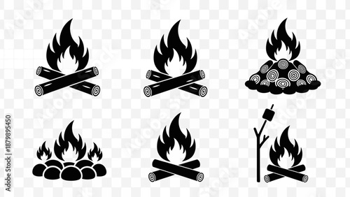 Assortment of six campfire icons featuring various wood arrangements and flames