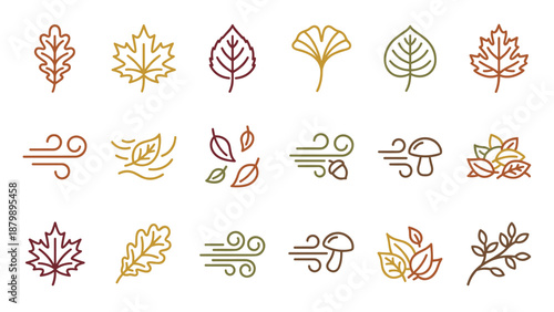 Autumn leaves and wind line icons vector set. Minimalistic fall foliage symbols and windy weather elements. Seasonal nature outline collection. Simple plant signs. Linear art design.
