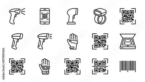 Barcode and QR code scanner line icons set. Retail inventory technology symbols. Digital laser reader. Handheld scanning device. Electronic payment. Warehouse logistics identifier.