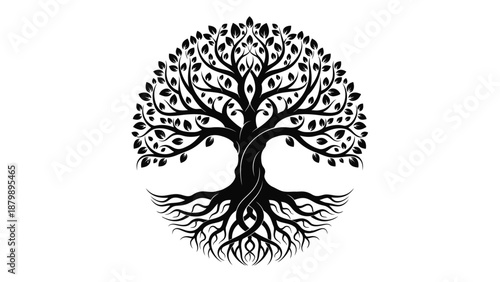 Black silhouette of circular tree of life with roots and leaves on white background