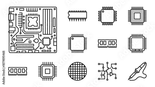 Circuit board microchips line icons set. Computer hardware components. Motherboard CPU RAM processor. Electronic parts technology symbols. Digital engineering. Silicon wafer soldering.