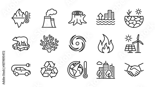 Climate change icons set. Global warming symbols. Environmental crisis vector. Melting ice. Deforestation. Drought. Pollution. Renewable energy. Sustainability. Ecology. Green. CO2.